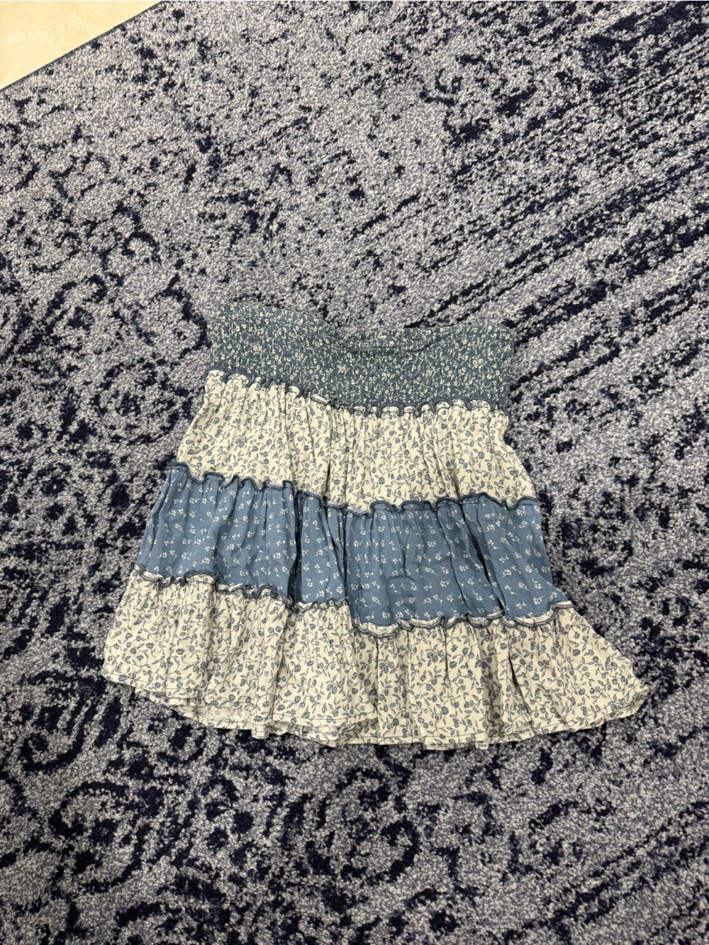 American Eagle Outfitters Blue and Cream Smocked Mini Skirt